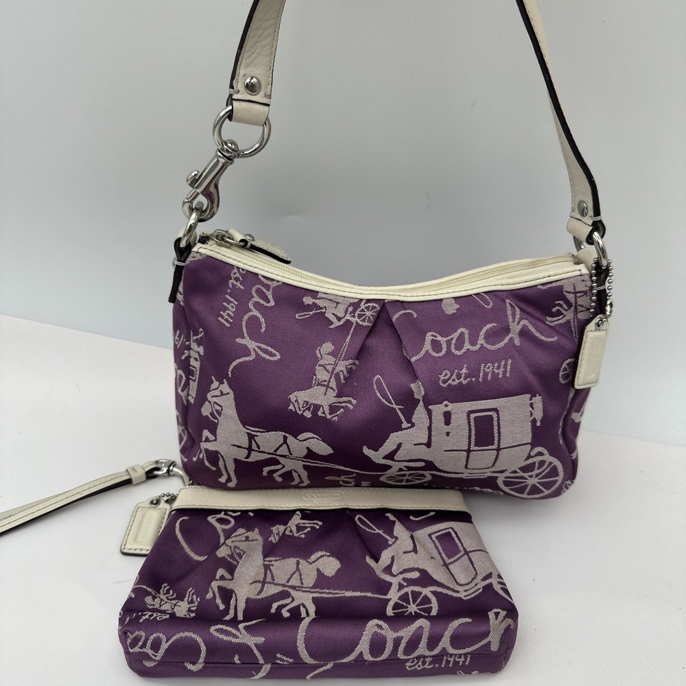 VTG Y2K Coach Purple Horse Carriage Print Wristlet & Bag Canvas Leather Trim EUC